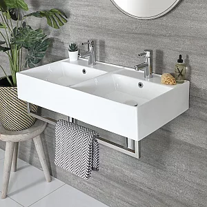 Milano Elswick White Modern 820mm x 420mm Rectangular Double Wall Hung Basin with Chrome Towel Rail