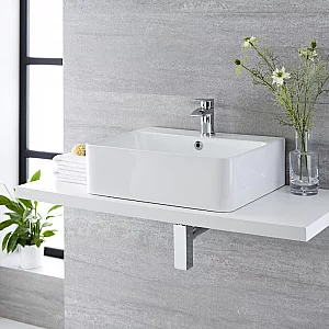Milano Farington White Modern Rectangular Countertop Basin 520mm x 420mm 1 TapHole with Brushed Nickel Overflow