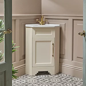 Milano Thornton Antique White 580mm Traditional Cloakroom Corner Vanity Unit with Basin and Classic TBar Aged Gold Handle