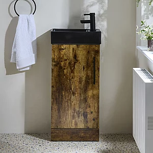 Milano Lurus Dark Oak 400mm Modern Cloakroom Vanity Unit with Black Basin and Black TBar Handle