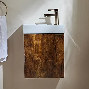 Milano Lurus Dark Oak 400mm Wall Hung Modern Cloakroom Vanity Unit with Basin and Aged Gold Finger Pull Handle