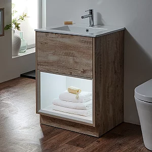 Milano Bexley Light Oak 610mm Floor Standing Open Shelf Vanity Unit with White Basin and LED Light