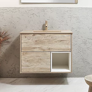 Milano Bexley 812mm Wall Hung Light Oak Open Shelf Vanity Unit with Sand Basin