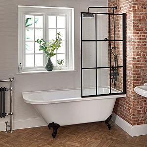 Milano Legend White Traditional Freestanding Right Hand Corner Shower Bath with Black Grid Screen 1685mm x 750mm Black Feet