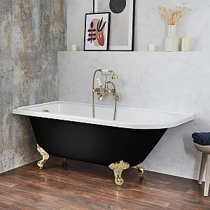 Milano Legend Midnight Black Traditional Freestanding Corner Bath 1685mm x 750mm Left Hand Brushed Brass Feet