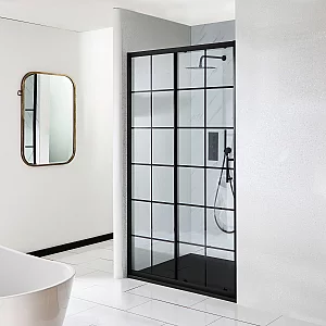 Milano Barq 1200mm Black Grid Sliding Shower Door with 1200mm x 800mm Anthracite Slate Tray