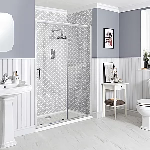 Milano Langley Chrome Traditional Sliding Shower Door with Tray Choice of Size