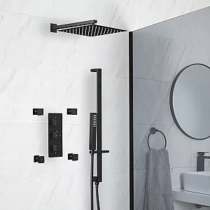 Milano Preto Black Thermostatic Shower with Diverter Shower Head Riser Rail with Hand Shower and Body Jets 3 Outlet