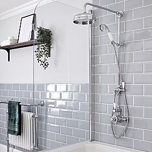 Milano Elizabeth Chrome and White Traditional Twin Exposed Thermostatic Shower with Grand Rigid Riser Rail 2 Outlet