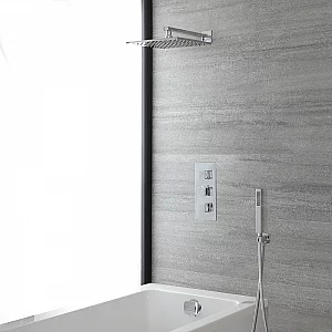 Milano Arvo Chrome Thermostatic Shower Bath System with 200mm Square Shower Head Overflow Bath Filler and Hand Shower 3 Outlet