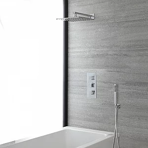 Milano Arvo Chrome Thermostatic Shower Bath System with 300mm Square Shower Head and Hand Shower 2 Outlet