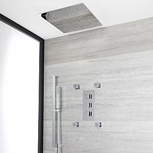 Milano Arvo Chrome Thermostatic Shower System with 400mm Square Recessed Shower Head Body Jets and Riser Rail with Hand Shower 3 Outlet