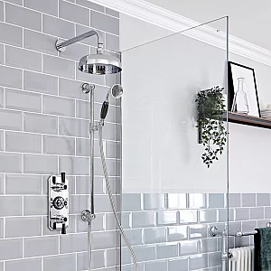 Milano Elizabeth Chrome and Black Thermostatic Shower System with 200mm Shower Head with Wall Arm and Riser Rail with Hand Shower 2 Outlet