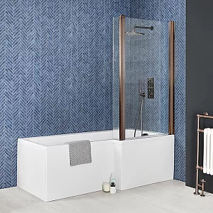 Milano Elswick 1500mm x 850mm Right Hand LShaped Shower Bath with Brushed Copper Bath Screen with Side and End Panel