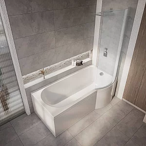 Milano Newby 1675mm x 850mm Right Hand PShape Shower Bath with Screen Side Panel End Panel and Waste