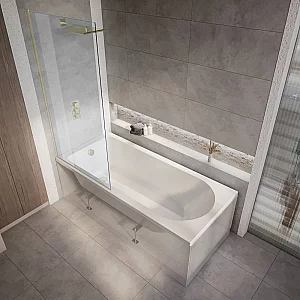 Milano Ballam 1700mm x 750mm Modern Single Ended Shower Bath with Antique Brass Bath Screen