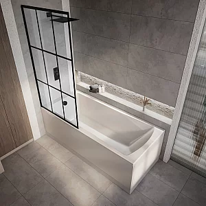 Milano Elswick 1400mm x 700mm Modern Single Ended Shower Bath with Black Grid Bath Screen Side and End Panel