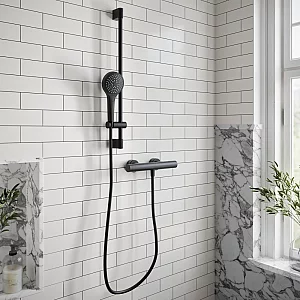 Villeroy and Boch Universal Round Thermostatic Bar Shower Valve with Riser Rail and Hand Shower 1 Outlet Matt Black