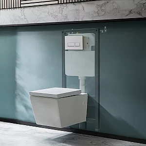 Milano Dalton White Modern Wall Hung Toilet with Tall Wall Frame Rectangular White Flush Plate
