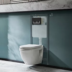 Milano Newby Wall Hung Toilet with Tall Wall Frame Rectangular Black Flush Plate