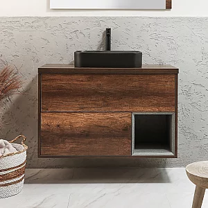 1000mm Dark Oak Wall Hung Vanity Unit with Rectangular Graphite Countertop Basin With LED Milano Bexley
