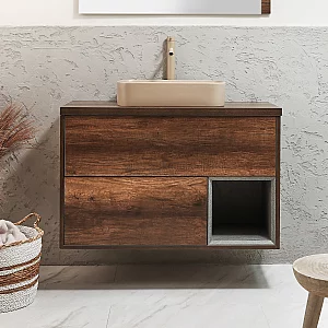 1000mm Dark Oak Wall Hung Vanity Unit with Rectangular Sand Countertop Basin With LED Milano Bexley