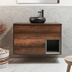 1000mm Dark Oak Wall Hung Vanity Unit with Round Graphite Countertop Basin No LED Milano Bexley