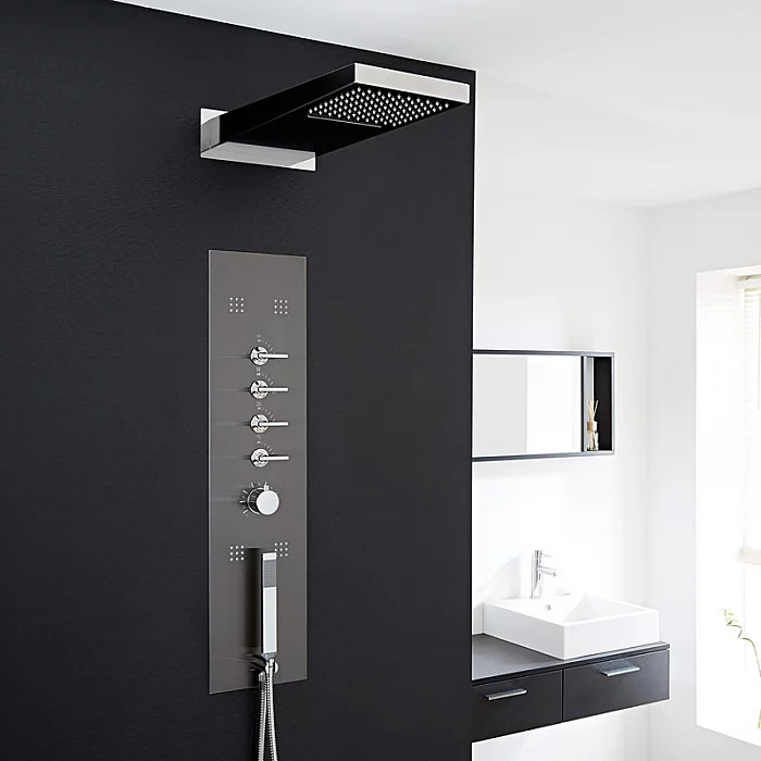 Milano Océanie Modern Concealed Thermostatic Shower Tower Panel with Waterfall Shower Head Hand Shower and Body Jets Gun Metal Grey