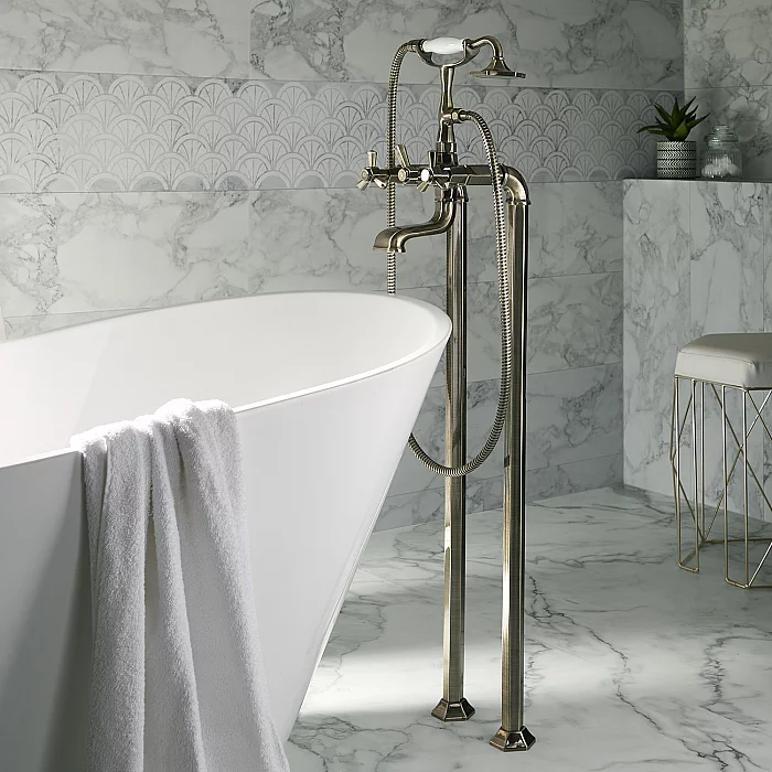 Milano Earlham Art Deco Freestanding Bath Shower Mixer Tap with Hand Shower Aged Gold