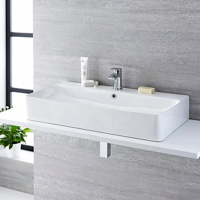 Milano Farington White Modern Rectangular Countertop Basin with Mono Mixer Tap 800mm x 415mm