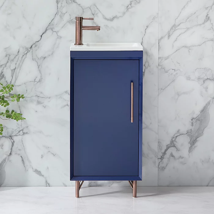 Milano Edge Navy Blue 400mm Modern Cloakroom Vanity Unit with Basin and Aged Bronze TBar Handle