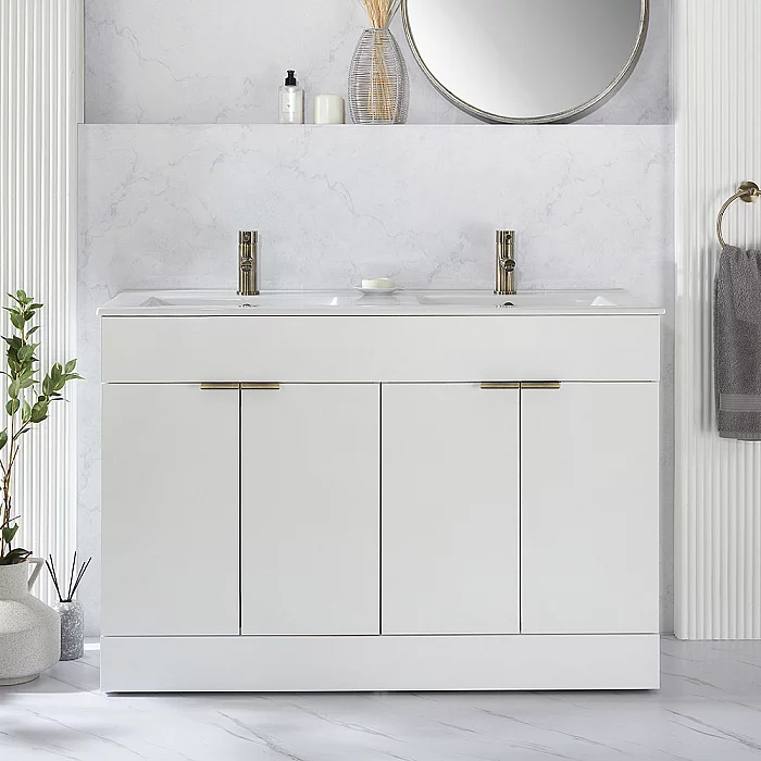 Milano Lurus White 1210mm Freestanding Vanity Unit and Double Basin with Aged Gold Finger Pull Handles