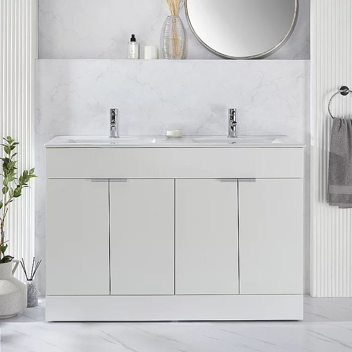 Milano Lurus White 1210mm Modern Vanity Unit with Double Basin and Chrome Finger Pull Handles