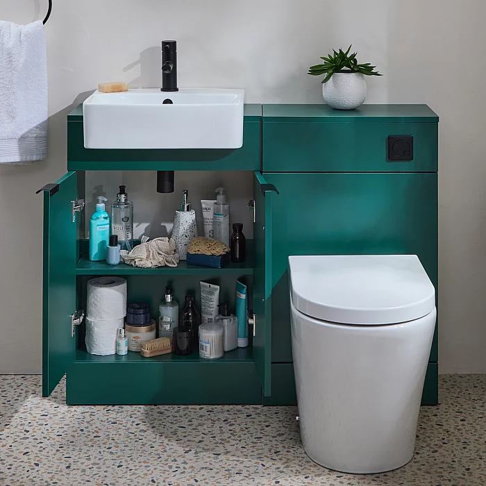 Milano Lurus 1050mm Dark Green Modern Vanity and WC Combination Unit with Rivington Toilet Black Finger Pull Handles