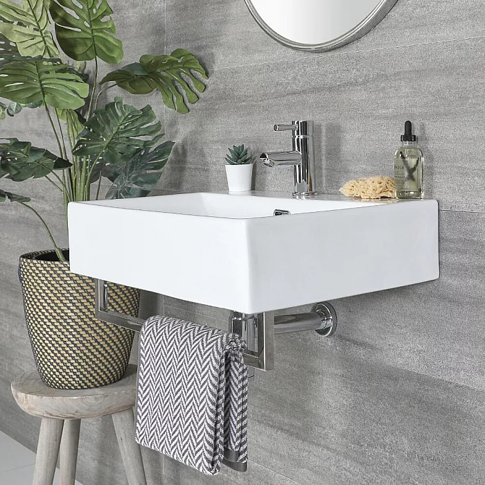 Milano Elswick White Modern 605mm x 430mm Rectangular Wall Hung Basin with Chrome Towel Rail