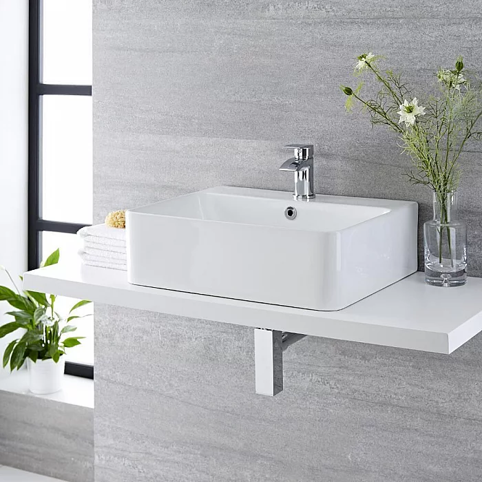 Milano Farington White Modern Rectangular Countertop Basin 520mm x 420mm 1 TapHole with Brushed Nickel Overflow