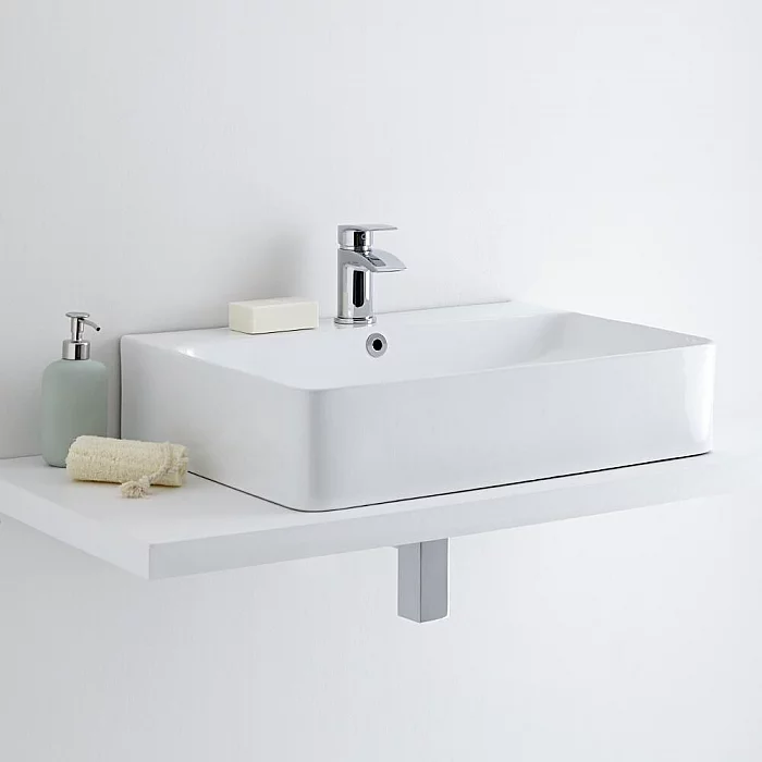 Milano Farington White Modern Rectangular Countertop Basin 600mm x 420mm 1 TapHole with Brushed Brass Overflow