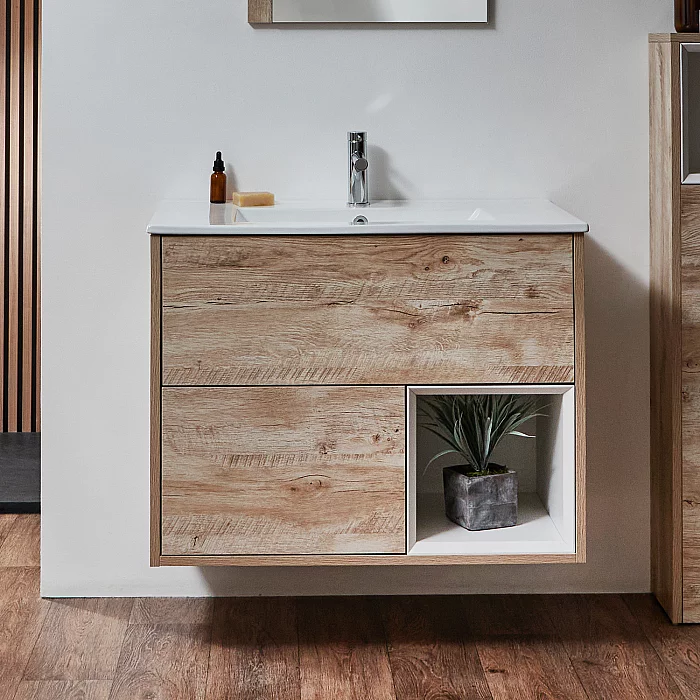 Milano Bexley Light Oak 810mm Wall Hung Open Shelf Vanity Unit with White Basin