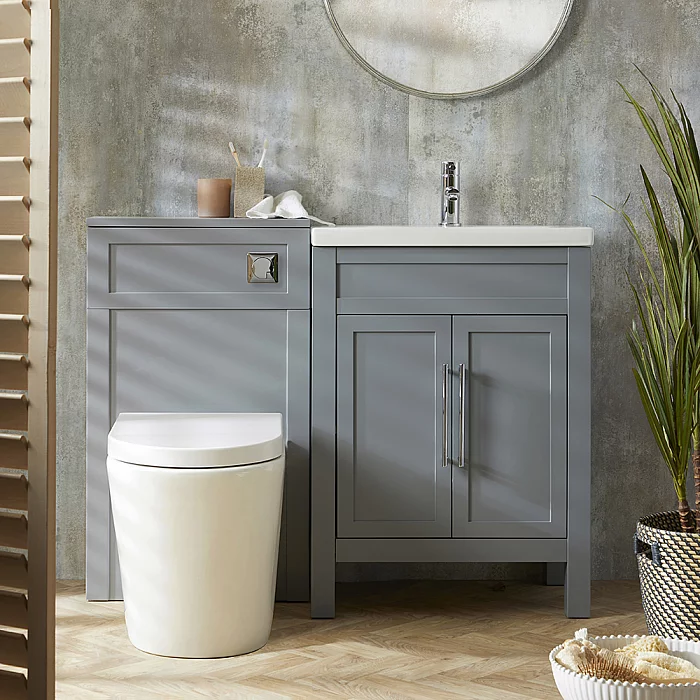 Milano Aston Light Grey 600mm Traditional Vanity Unit with Basin and Modern TBar Chrome Handles and WC Unit with Rivington Back to Wall Toilet