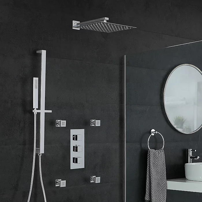 Milano Arvo Chrome Thermostatic Shower with Diverter Shower Head Hand Shower Riser Rail and Body Jets 3 Outlet