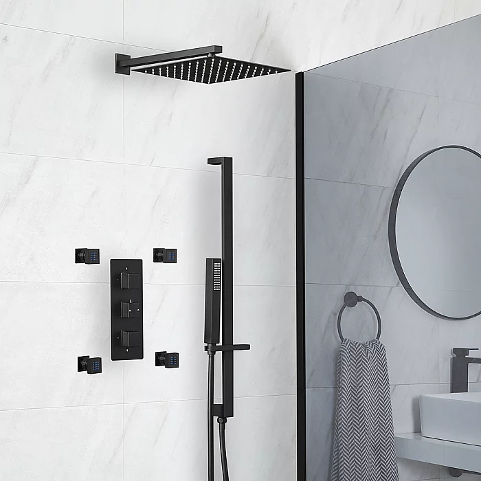 Milano Preto Black Thermostatic Shower with Diverter Shower Head Riser Rail with Hand Shower and Body Jets 3 Outlet