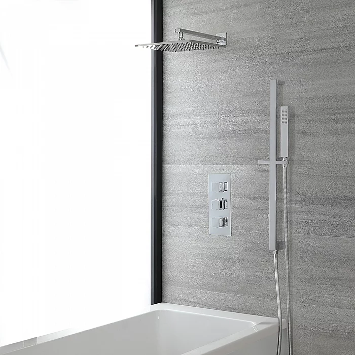 Milano Arvo Chrome Thermostatic Shower Bath System with 300mm Square Shower Head and Riser Rail with Hand Shower 2 Outlet