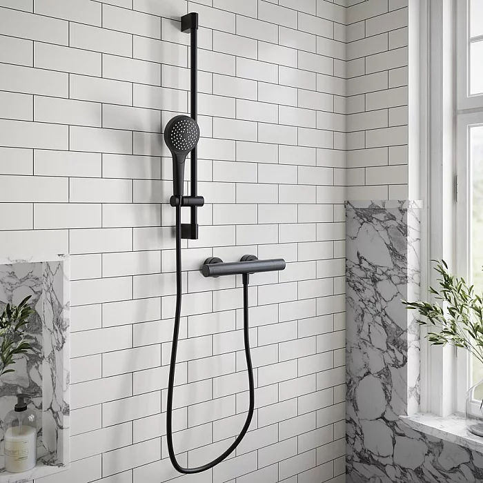 Villeroy and Boch Universal Round Thermostatic Bar Shower Valve with Riser Rail and Hand Shower 1 Outlet Matt Black
