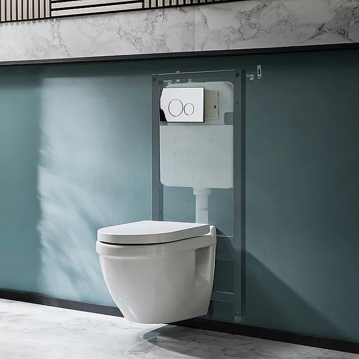 Milano Newby Wall Hung Toilet with Tall Wall Frame Round Chrome Flush Plate