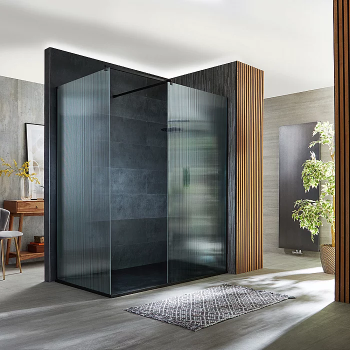 Milano Florence Fluted Glass Black Corner WalkIn Shower Enclosure with 1100mm x 700mm Anthracite Slate Tray