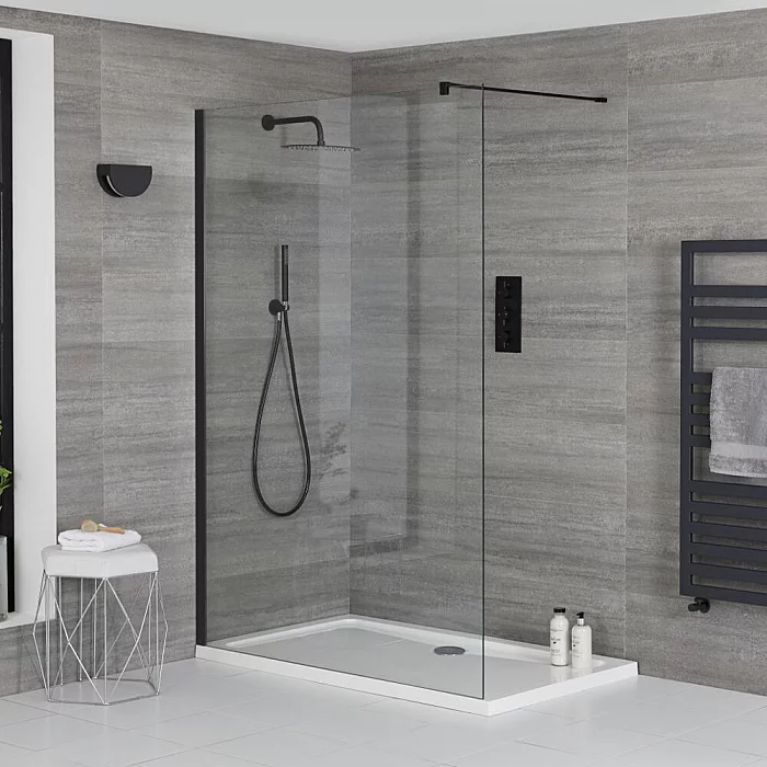Modern Black Walk In Shower Enclosure With White Shower 1200 x 900mm Milano Nero