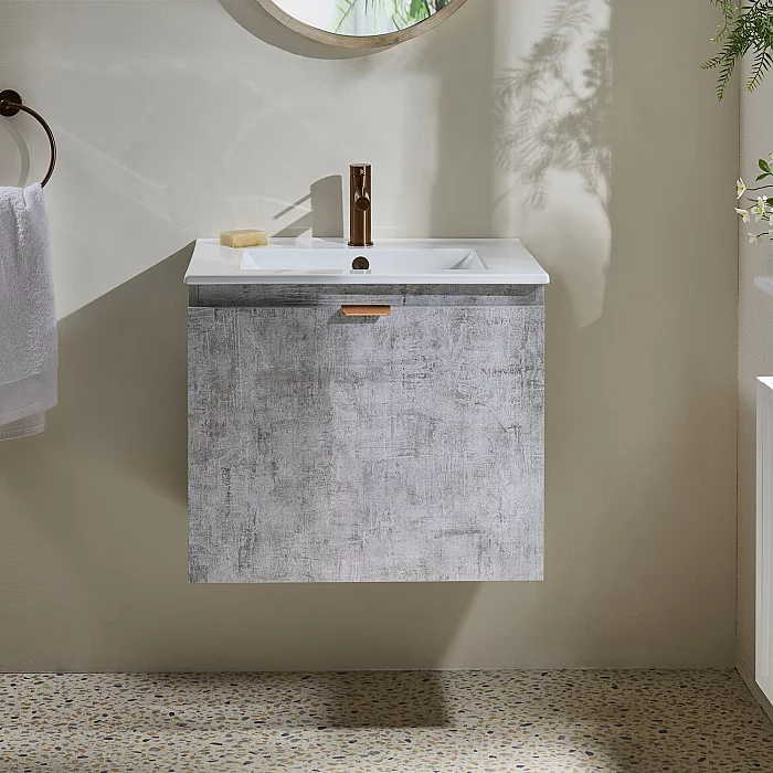 Concrete Grey Modern 600mm Wall Hung Vanity Unit with Brushed Copper Finger Pull Handle