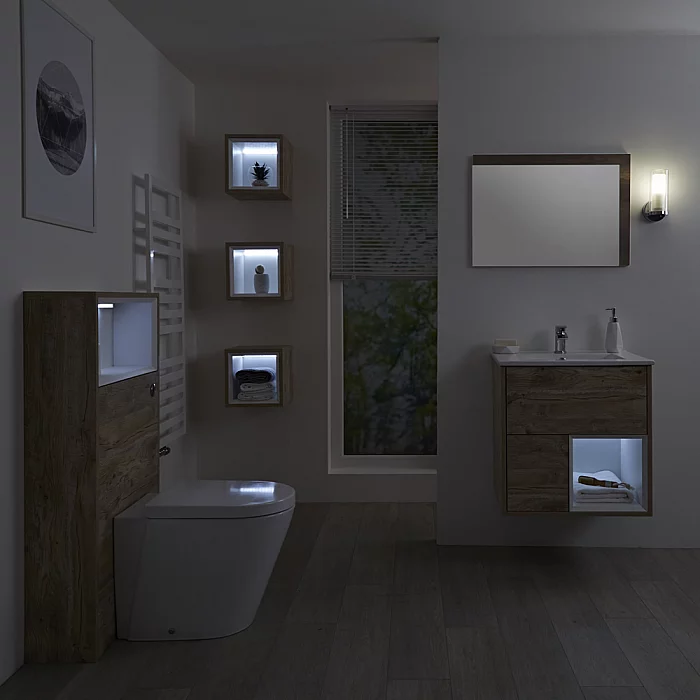 Milano Bexley 600mm Light Oak Vanity Unit WC Unit 300mm Storage Units and Mirror No LED